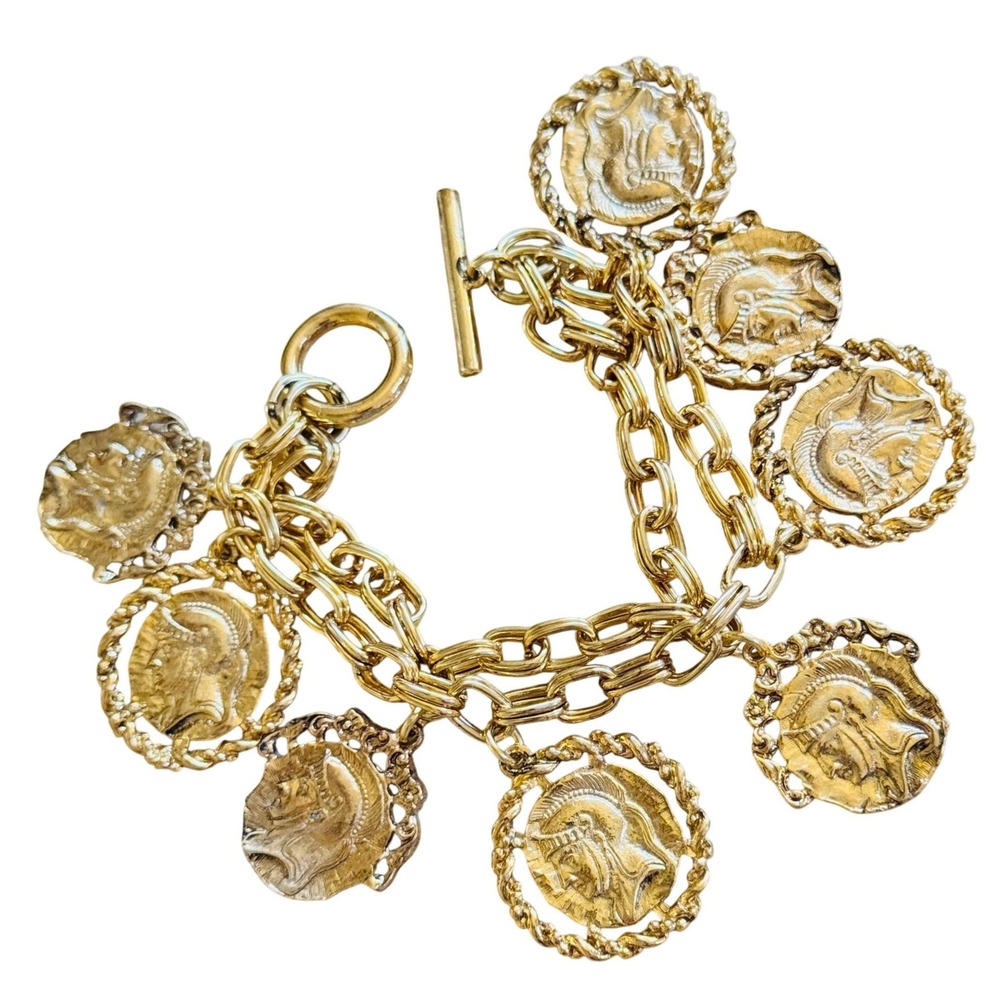 Runway Charm Bracelet VtG Coin Statement Dangle Gold Plated Chunky Double Strand